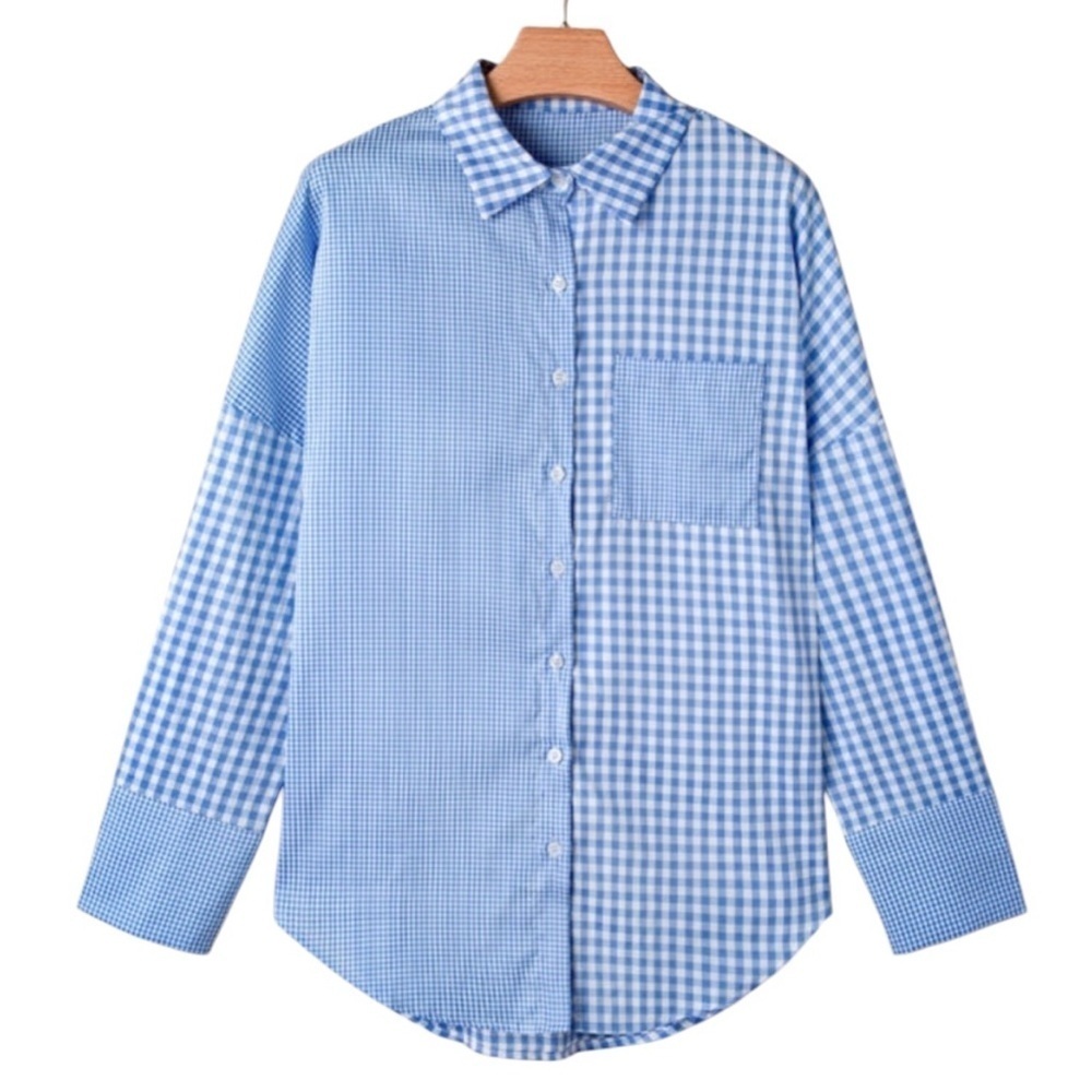 Plaid Patchwork Button-down Long Sleeve Shirt - Picture 2 of 7